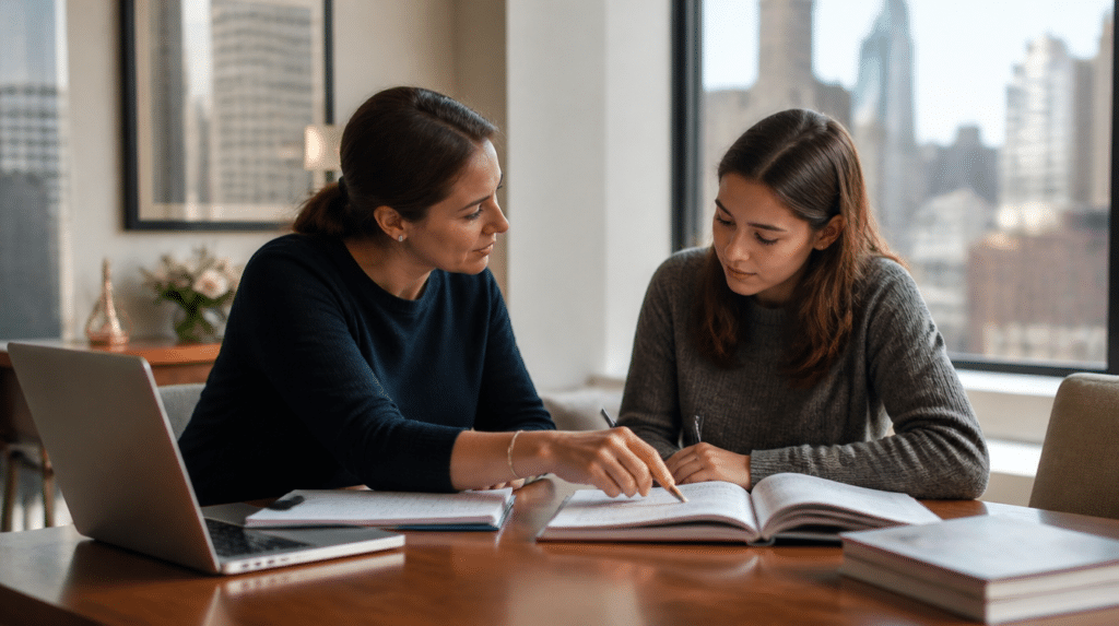 Female private tutor guiding a student through coursework with a Manhattan skyline view