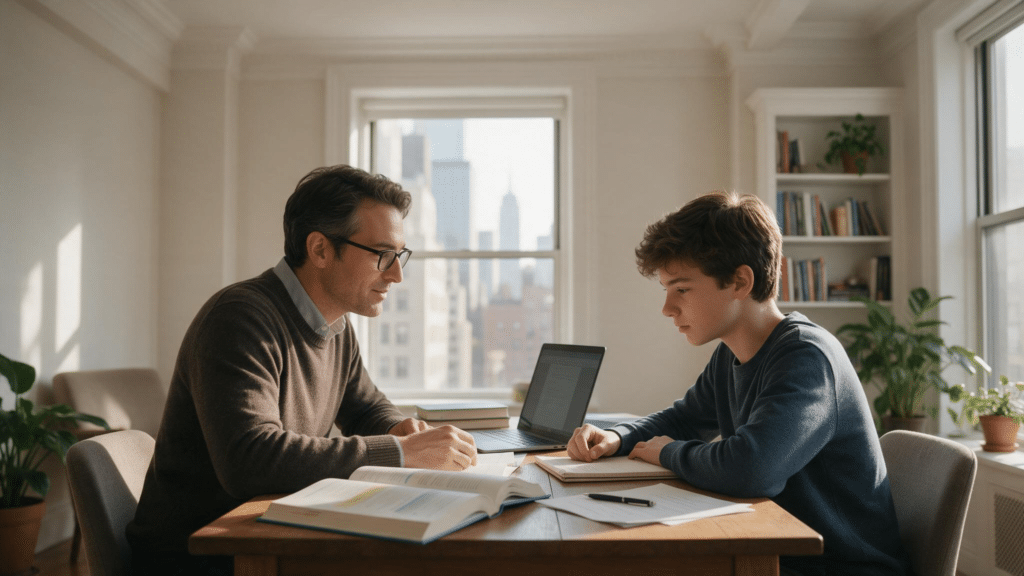 Private tutor and teenage student in a focused one-on-one lesson in New York City