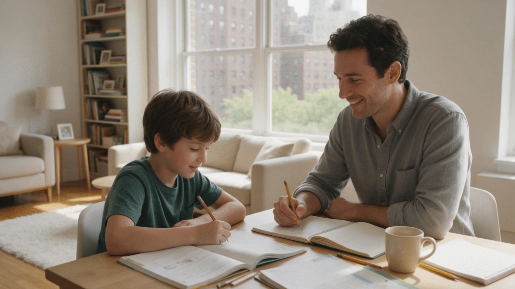Private tutor and a young student working through a home lesson in Manhattan