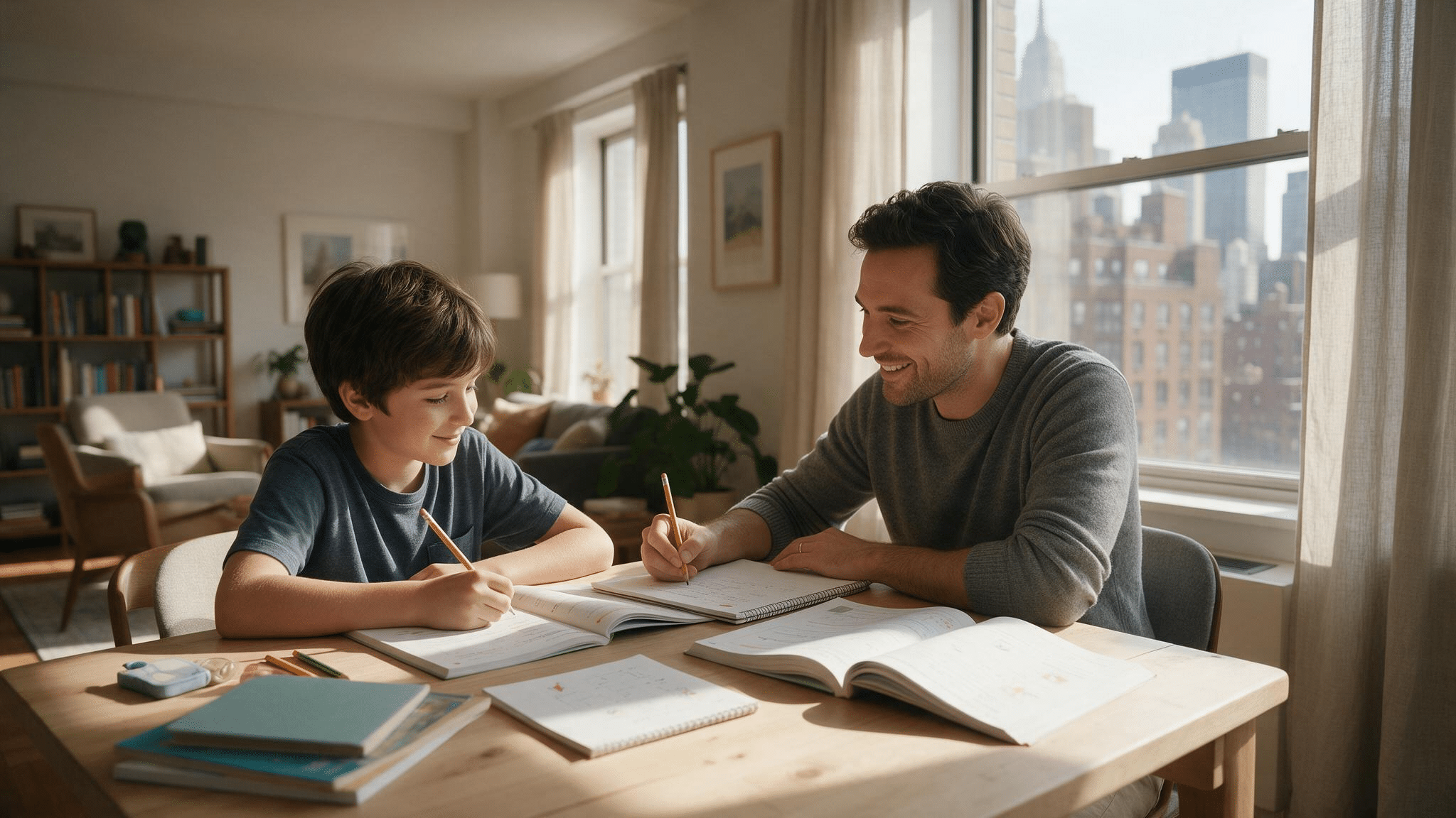 Private tutor working one-on-one with a young student at a home table in a Manhattan apartment