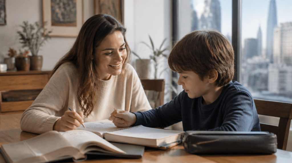Female private tutor supporting a young student one-on-one in a New York City home