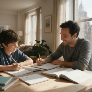 Private tutor working one-on-one with a young student at a home table in a Manhattan apartment